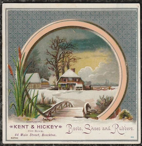 Victorian Trade Card Kent & Hickey Schuhe Stiefel Gummis Brockton MA 4,5x4,5 - Bild 1 von 2