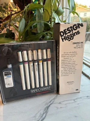 Koh-I-Noor Rapidograph Slim Pen and Ink Set, 7 Assorted Pen Nibs  W/Higgins Ink! - Image 1 of 4