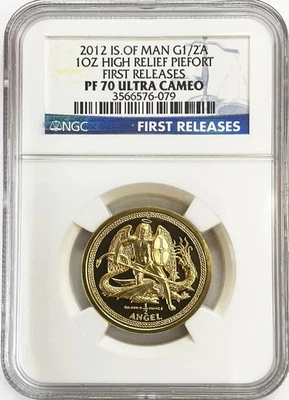 2012 GOLD ISLE OF MAN PIEDFORT 1 OZ ANGEL ULTRA HIGH RELIEF NGC PR 70 ULTRA CAM - Image 1 of 2