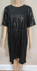 GAP Women's Dress Size Large Black Sequin Mini Shift Short Sleeves - Picture 1 of 6