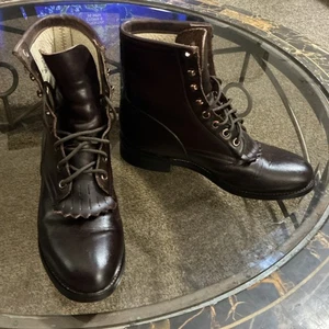 JUSTIN #545 Youth Size 4 D Lace Up Brown Leather Roper Kiltie Boots - Picture 1 of 20