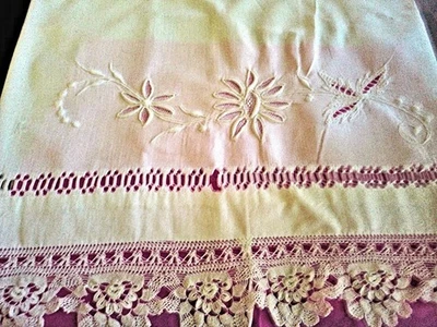 Vtg Boudoir Pillowcase Wt Handmade Lace Madeira Whitework Embroidery Floral - Image 1 of 4