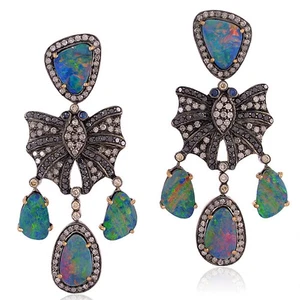 Opal Diamond Butterfly Dangle Earring 925 Silver Gold Vintage Art Deco Statement - Picture 1 of 6