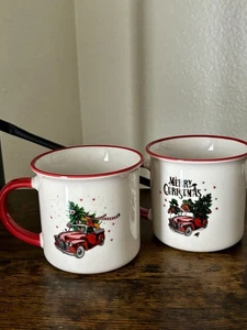 Vintage Merry Christmas Mugs Round White 12 OzRed Holder Red Truck Gift Set Of 2 - Picture 1 of 15