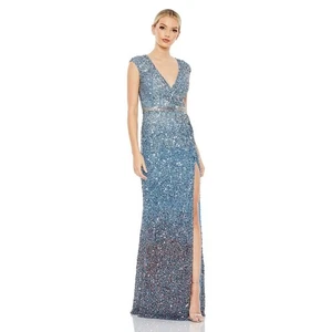 Mac Duggal 5489 Flügelärmel Pailletten hoher Schlitz Kleid Perlen blau ombre Größe 12 neu mit Etikett - Bild 1 von 14