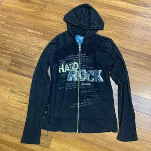 Hard Rock Cafe Orlando Full Zip Hoodie Womens Size XL Lace Up Accents Black Y2K - Picture 1 of 6
