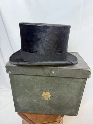 Moss Bross Black Fur Felt Top Hat Size 8 1/4”/ 55cm & Original Box  - Image 1 of 4