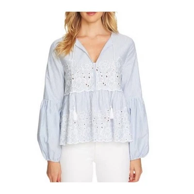 CeCe женщин большой синий белый вышитый в полоску длинным рукавом отверстие крестьянский топ - Изображение 1 из 4