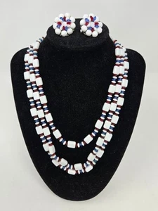 VINTAGE HOBE DEMI PARURE NECKLACE CLIP ON EARRINGS RED WHITE & BLUE JEWELRY - Picture 1 of 12