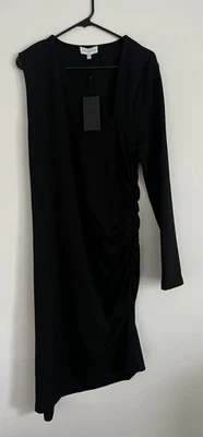 Halston Dress Womens Size XL Black One Sleeve Mini Wool Blend Ruched $475 NWT - Image 1 of 4