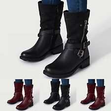 Women's Retro Low Heel Riding Boots Breathable Chunky Zipper Round Toe Mid Boots