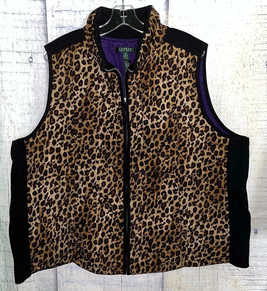 Chaleco acolchado acolchado con estampado de leopardo Lauren Ralph Lauren para mujer talla: 3X Foto 1 de 4
