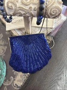 Vintage La Regale Beaded Clam Seashell Evening Purse Shoulder Clutch Gold Chain - Picture 1 of 7