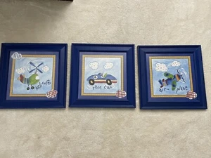 Nursery artwork car, airplane & helicopter wood framed wall art set of 3 - Picture 1 of 13