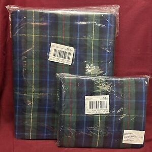 E5555 LL BEAN Flannel Full Flat Sheet & Pillowcases Green Tartan Scotch Plaid