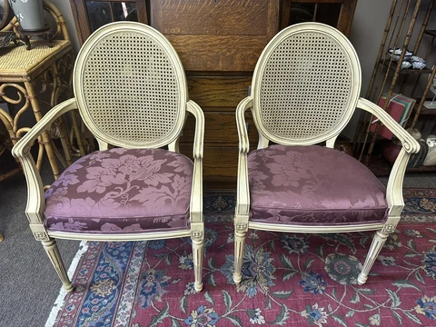 PAIR of Vintage French Country Louis XVI Style Cane Back Arm Chairs Buyer$Ship Cover