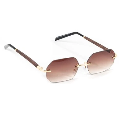 Gafas de sol para hombre con estilo hip hop rectangulares de lujo sin montura de grano de madera tinte marrón Foto 1 de 4