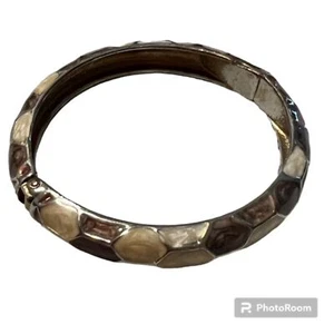 VINTAGE Gold Tone Brown  Cream Enamel Hinged Clamp Bracelet - Picture 1 of 8