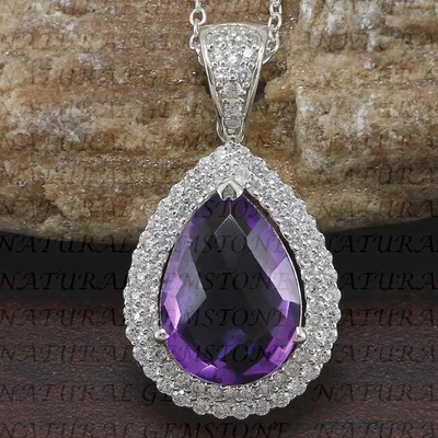 Colgante de diamantes y amatista natural en forma de pera de 6,00 quilates enchapado en oro blanco de 18 quilates Foto 1 de 4