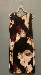 Calvin Klein Black Red Ivory Floral Zip Sleeveless Pencil Sheath Dress Zip Sz 10 - Picture 1 of 21