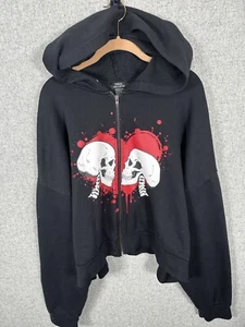 Social Collision Womens Black Skulls in Love Crop Hoodie Size 4 Plus Full Zip - Picture 1 of 11