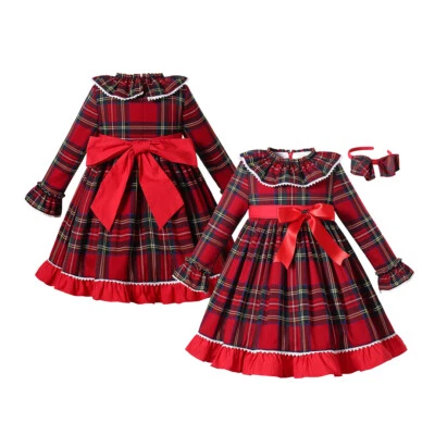 Niñas Pequeñas Vestidos de Navidad Tartán Otoño Fiesta Vestido Cuadros Rojo 2-12 Años Foto 1 de 4