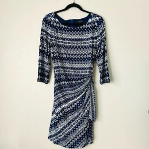 Tahari Belted Waist Wrap 3/4 Length Sleeve printed blue white womans 14p - Picture 1 of 10