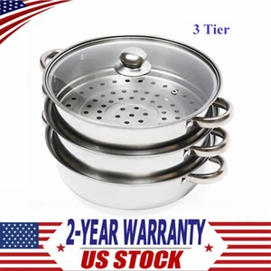 3 Tier Steamer Hot Pot Stainless Steel Cooker Steam Pot Food Cooking + Glass Lid - Picture 1 of 23