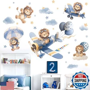 Amimagen Airplane Animals Wall Stickers - Hot Air Balloon Lion Clouds Wall De - Picture 1 of 5