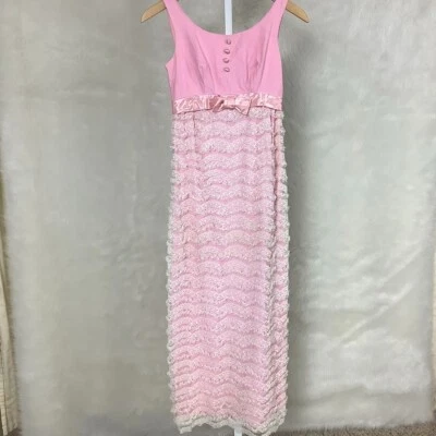Vestido Vintage Años 60 Sin Mangas Rosa En Niveles Blanco Encaje Cintura Imperio Foto 1 de 4
