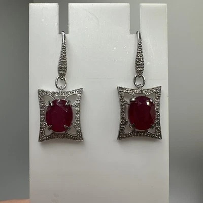 Stunning! Natural Ruby & White Diamond Sterling Silver Dangle Earrings - Image 1 of 4