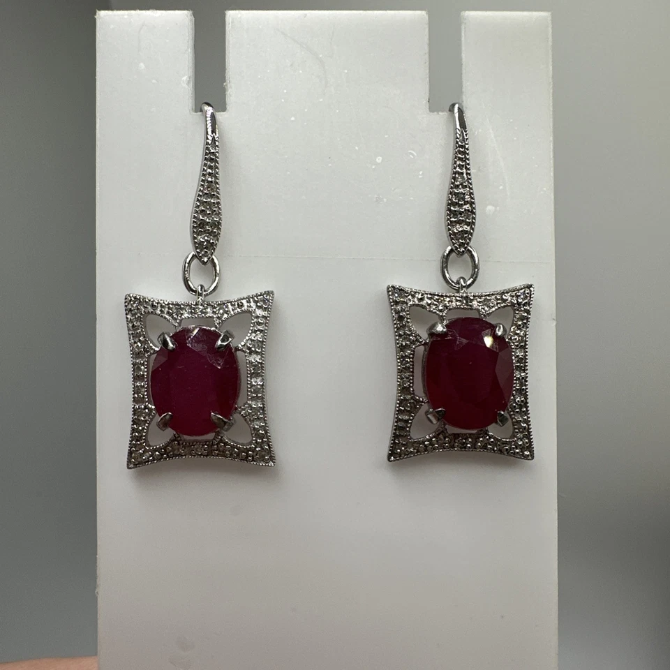 Stunning! Natural Ruby & White Diamond Sterling Silver Dangle Earrings - Image 1 of 4