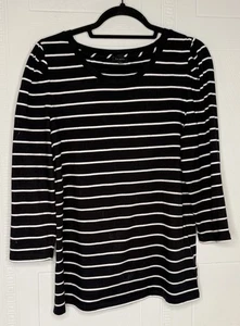 Talbots 100% Pima Cotton Black White Striped Long Puff Sleeve Crew Neck Top M - Picture 1 of 10