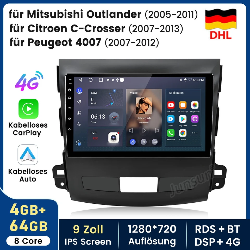 Für Mitsubishi Outlander xl 2 2005-2011 CarPlay 4+64GB Autoradio GPS Navi 8 Kern - Bild 1 von 4