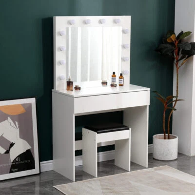 Dressing Table with LED Mirror Modern Makeup Desk Vanity Table Set + Stool White - Image 1 of 4