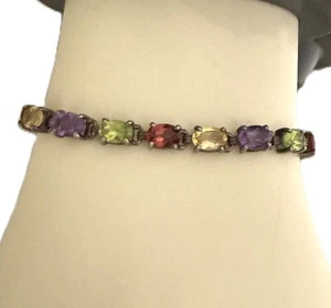 Vintage Signed 925 Sterling Silver Multi-Color Gems Crystals Tennis Bracelet - Picture 1 of 6