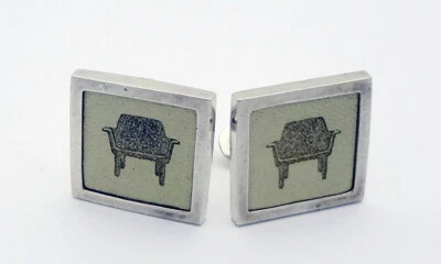 SPIVEY USA Laser Etched Leather Mid Century Chair Cufflinks in Sterling Silver - Image 1 of 4