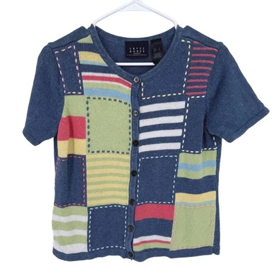 Cárdigan Suéter Top Crazy Horse Azul Rosa Patchwork Tejido S Grannycore Cottage Foto 1 de 4