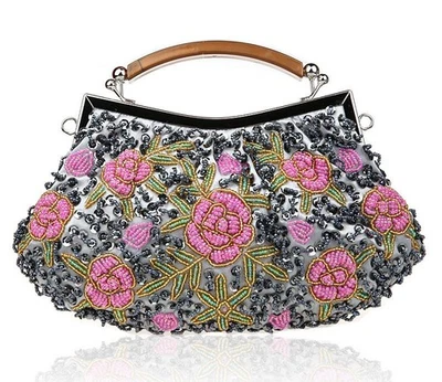 Floral Beaded Evening Clutch Bag in Grey A0006 - Image 1 of 4