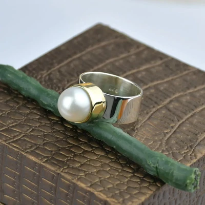 Two-Tone Pearl Ring Handmade 925 Sterling Silver Statement ring Gift For Mother - Image 1 of 4