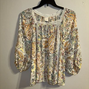 Zac & Rachel Top Women Size XL Crocheted Lace Eyelet Paisley Floral Blouse Artsy - Picture 1 of 15