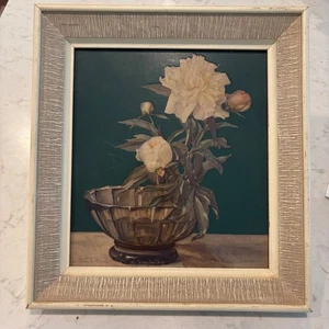 Nelly Littlehale Murphy Floral Still Life Print White Peony Green Framed MCM Art - Afbeelding 1 van 15