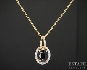 14k Yellow Gold Natural Blue Sapphire & Diamond Halo Necklace 3.4g 18"L i19393b - Picture 1 of 5