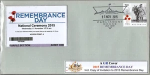 2015 Australia Remembrance Day GR Cover, Invitation & Ticket, Very Good Cond - Bild 1 von 1