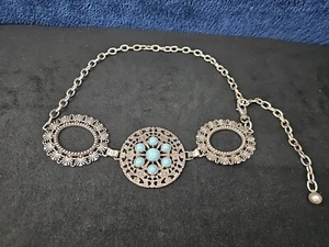 CHICO'S Medallion Chain Belt Silver Tone Turquoise Adjustable Western  - Picture 1 of 6