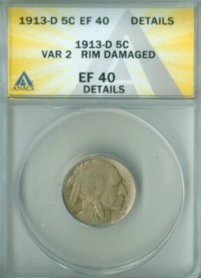 1913-D TYPE 2 BUFFALO NICKEL ANACS EF-40 DETAILS (2228999) - Image 1 of 4