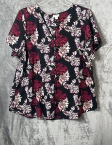 Blusa Floral Lularoe Shannah Cuello en V Abotonada Negra/Roja Talla Extra Grande - Imagen 1 de 6