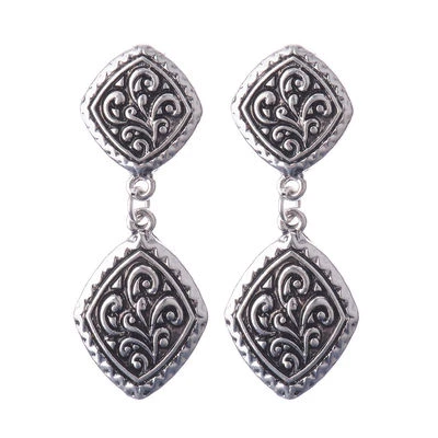 Bonitos Nuevos Pendientes Colgantes Doble Rombo Tallados en Plata Tibetana Foto 1 de 4