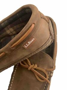 LL Bean Leather Slippers Men’s 9 Moccasin Flannel Lined Brown Cushioned Shoe