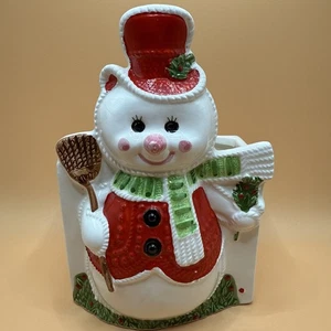 Vintage Dickson Japan Christmas Snowman Planter Holding Holly And A Broom Retro - Bild 1 von 5